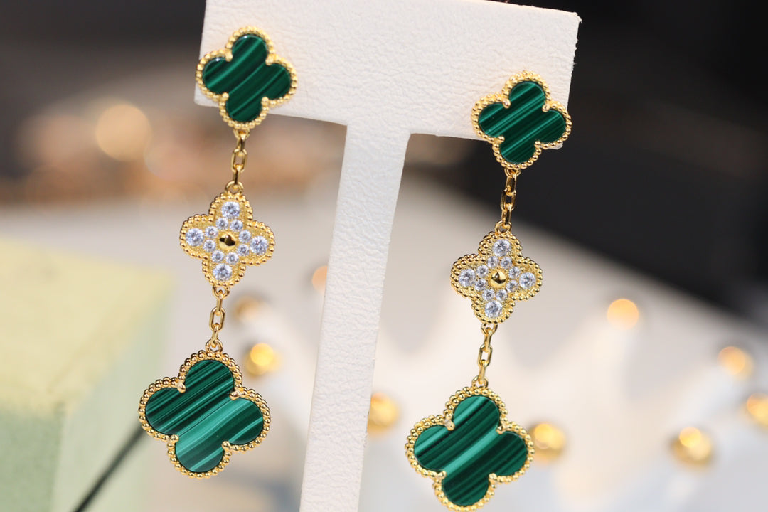 [Eternal Jewelry]CLOVER EARRINGS GOLD MALACHITE DIAMOND 3 MOTIF