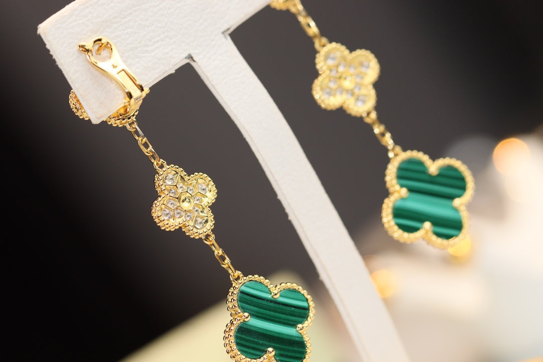 [Eternal Jewelry]CLOVER EARRINGS GOLD MALACHITE DIAMOND 3 MOTIF