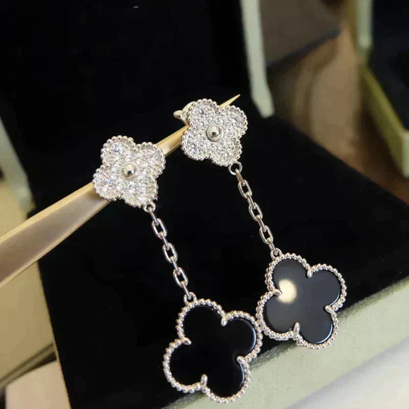 [Eternal Jewelry]CLOVER 2 MOTIFS  DIAMOND ONYX EARRINGS SILVER