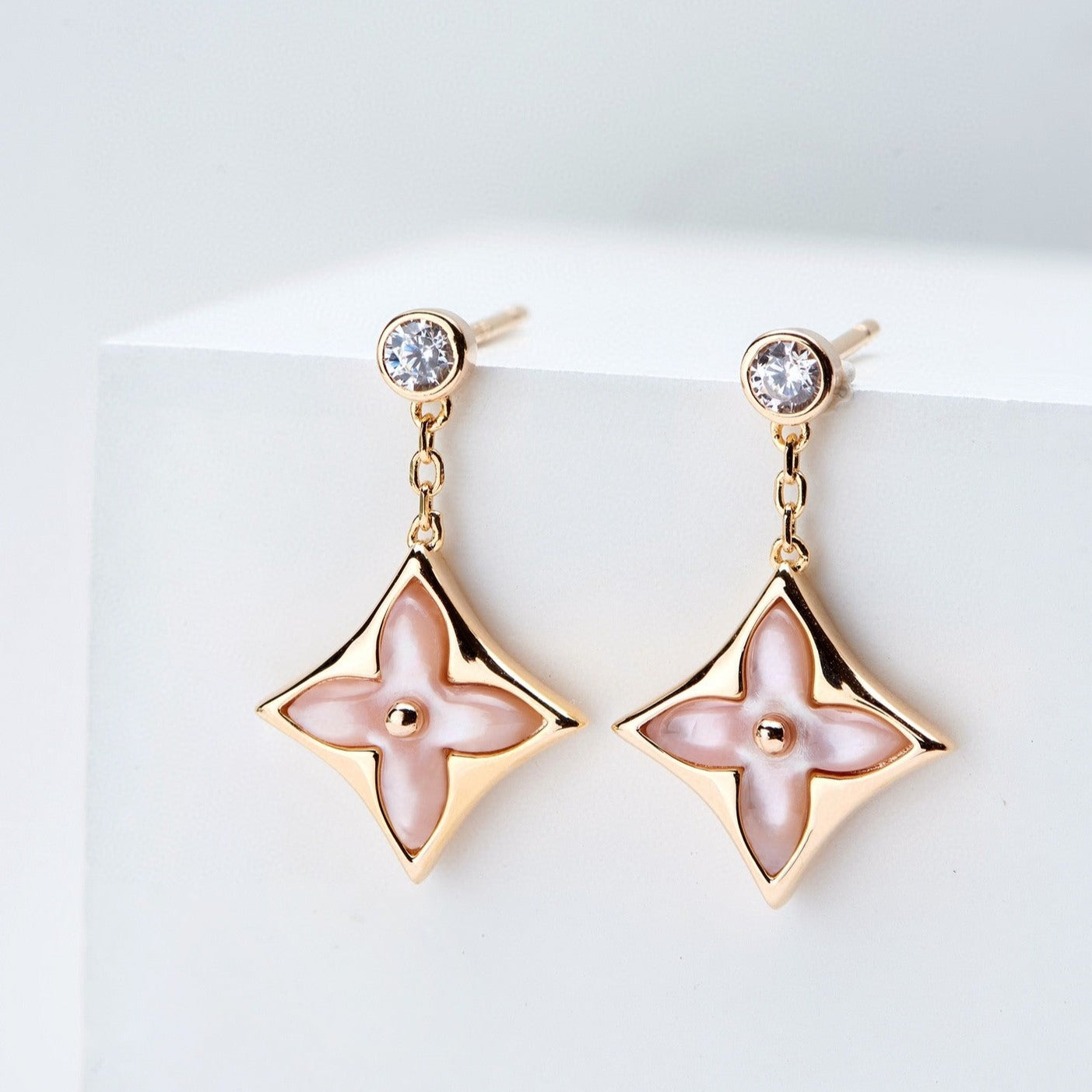 [Eternal Jewelry]DOUBLE STAR PINK GOLD MOP DROP EARRINGS
