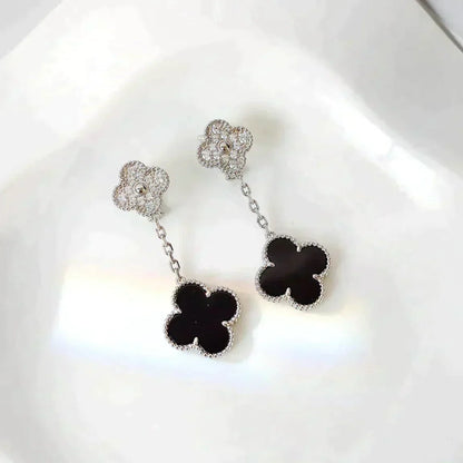 [Eternal Jewelry]CLOVER 2 MOTIFS  DIAMOND ONYX EARRINGS SILVER
