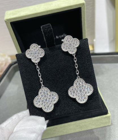 [Eternal Jewelry]CLOVER 2 MOTIFS DIAMOND PAVED SILVER EARRINGS