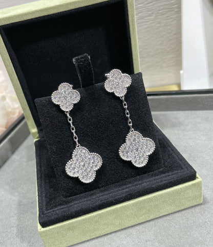 [Eternal Jewelry]CLOVER 2 MOTIFS DIAMOND PAVED SILVER EARRINGS