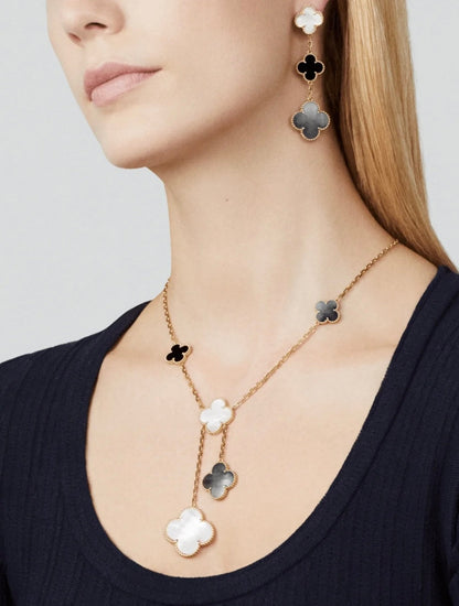 [Eternal Jewelry]CLOVER 3 MOTIF MOP ONYX DARK MOP PINK GOLD EARRINGS