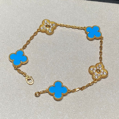 [Eternal Jewelry]CLOVER 5 MOTIF BLUE CHALCEDONY DIAMOND GOLD BRACELET