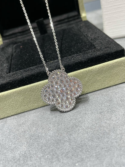 [Eternal Jewelry]CLOVER 25MM LARGE PENDANT DIAMOND PAVED SILVER NECKLACE