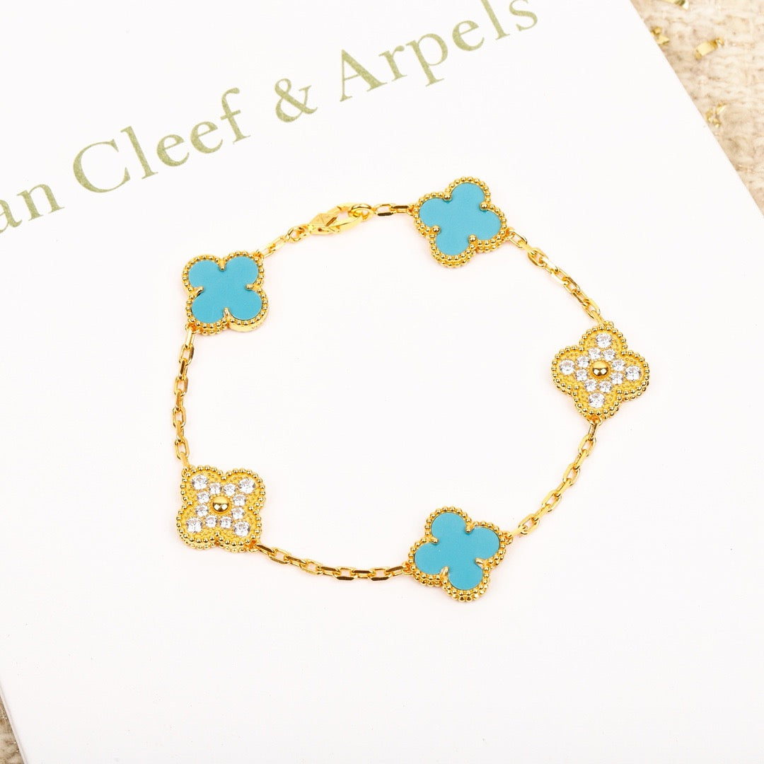 [Eternal Jewelry]CLOVER 5 MOTIF TURQUOISE DIAMOND GOLD BRACELET