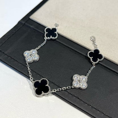 [Eternal Jewelry]CLOVER 5 MOTIF ONYXS DIAMOND BRACELET SILVER