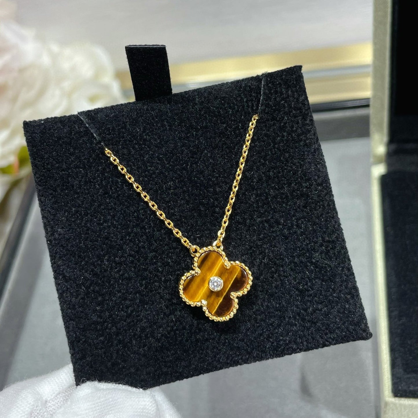 [Eternal Jewelry]CLOVER 15MM DIAMOND AND YELLOW TIGER'S EYE AGATE necklace