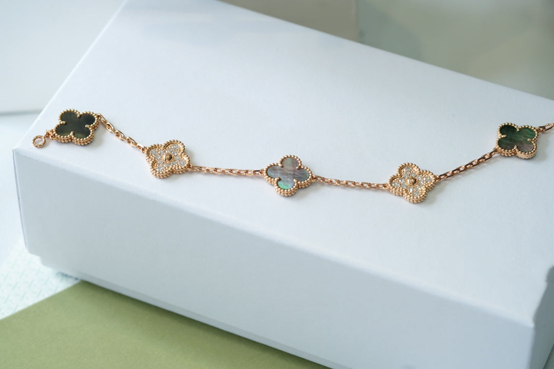 [Eternal Jewelry]CLOVER 5 MOTIFS DARK MOP AND DIAMONDS PINK GOLD BRACELET