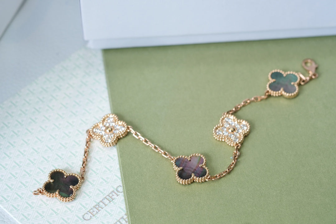 [Eternal Jewelry]CLOVER 5 MOTIFS DARK MOP AND DIAMONDS PINK GOLD BRACELET