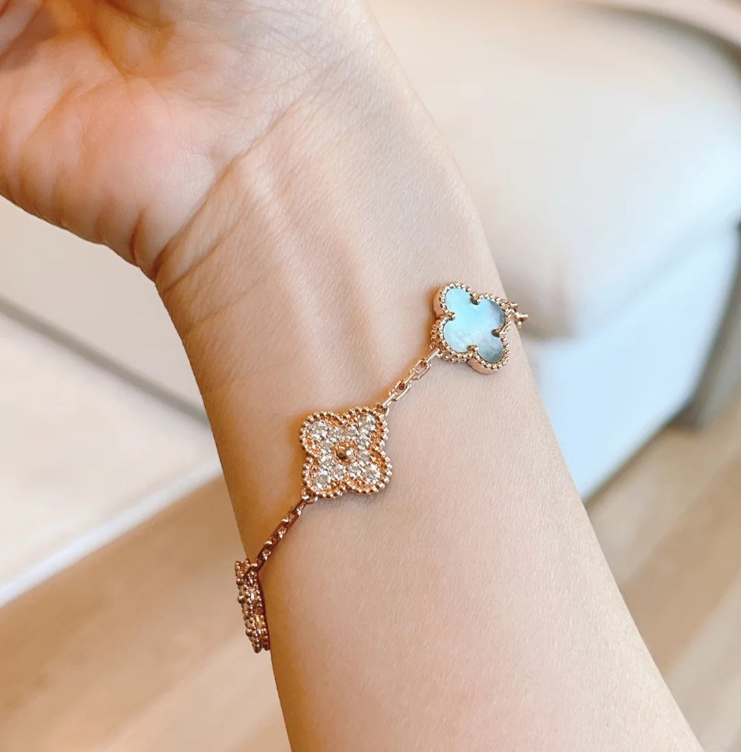 [Eternal Jewelry]CLOVER 5 MOTIFS DARK MOP AND DIAMONDS PINK GOLD BRACELET